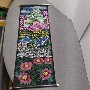 Japanese Castle Cherry Blossom Scroll Wall Art Tapestry Decor